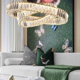 Kryształowy złoty żyrandol led Prisma 60W z barwą ciepłą 3000K z podwójnymi ringami 60 i 40cm